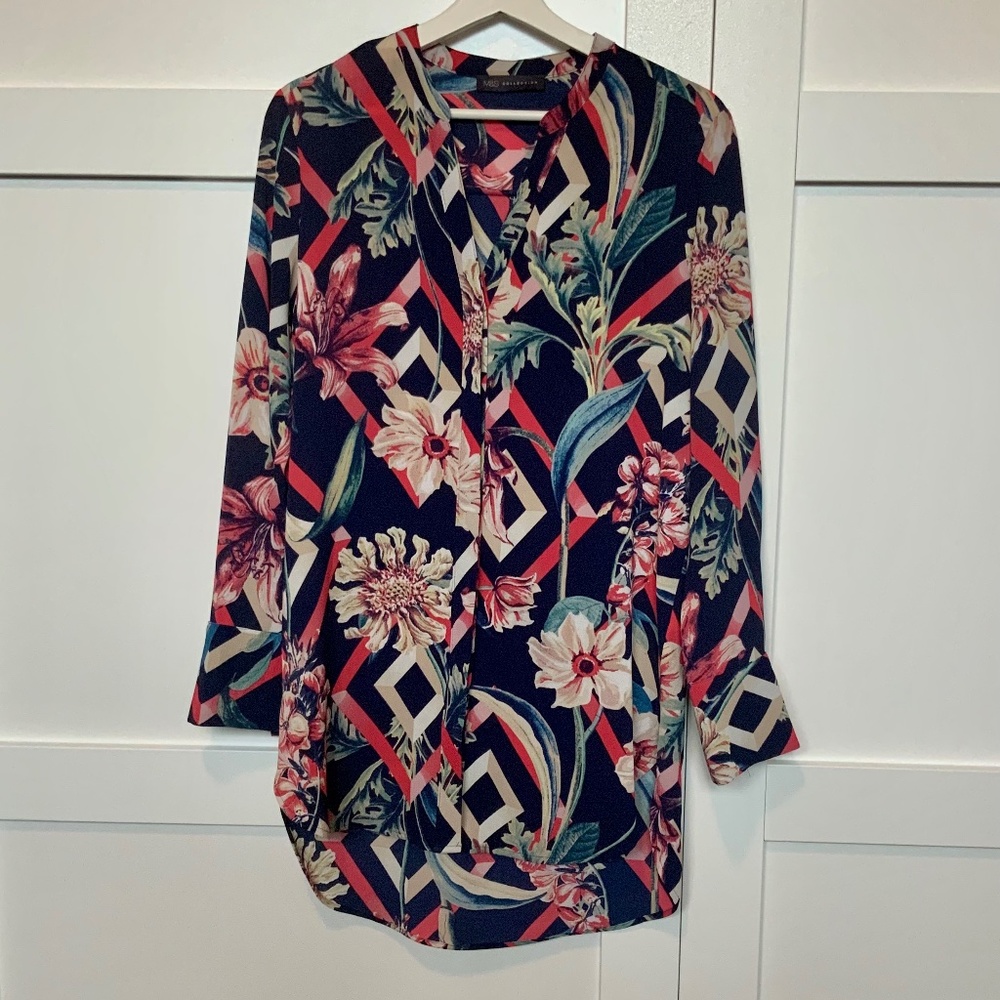 M & S Collection Navy and Fuchsia Tunic Blouse EUC Size 6